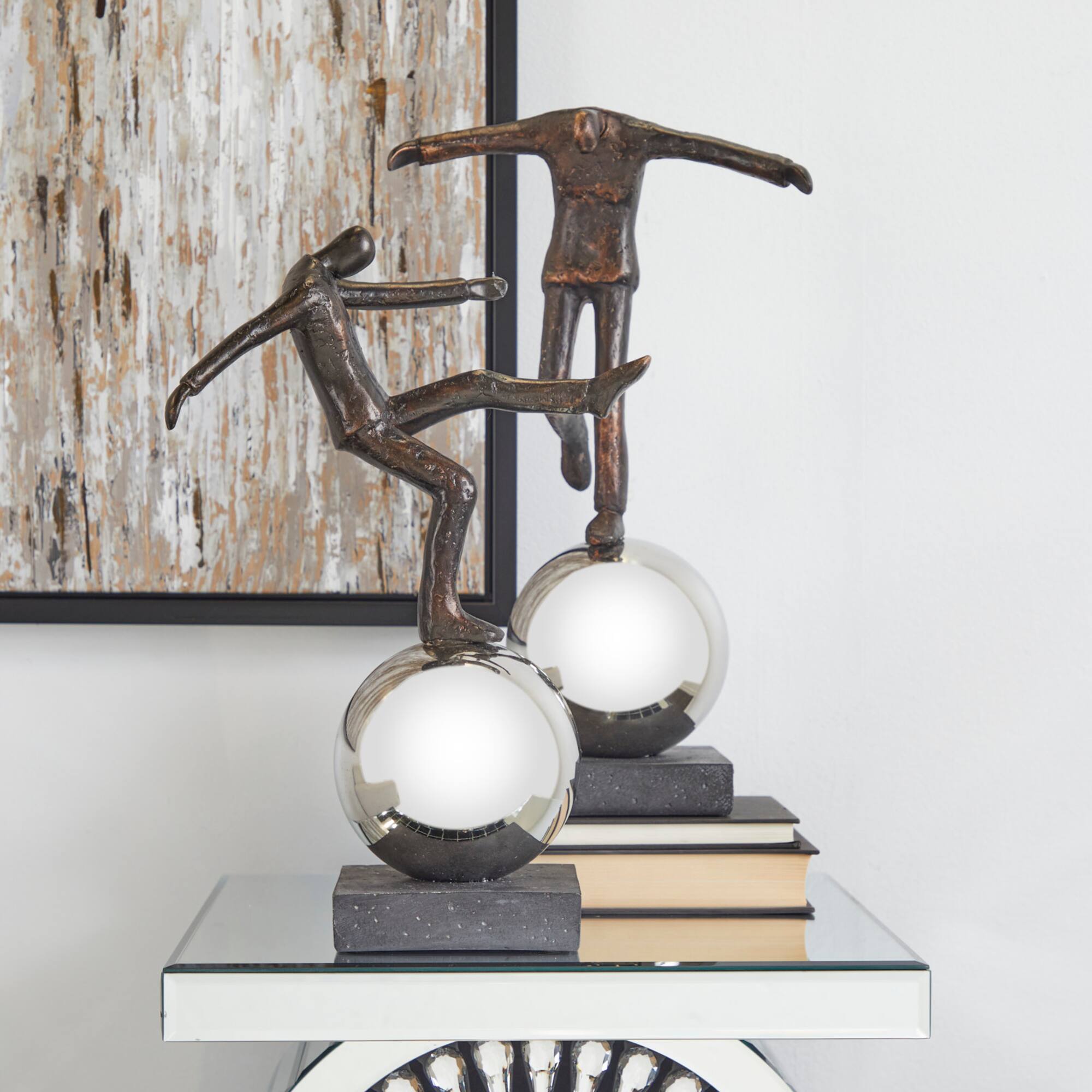 Bronze Polystone People Sculpture with Silver Ball Stands Set